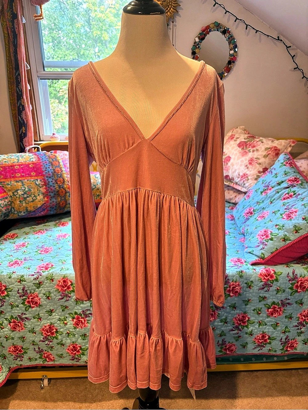 Halara Everyday Deep V Neck Long Sleeve Ruffled Hem Velvet Mini Chill Dress